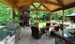 Gazebo with outdoor kitchen and fireplace